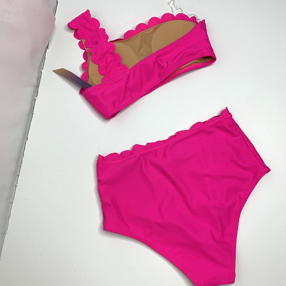Womens 2 Piece One Shoulder Swimsuit Size Small Hot Pink High Waist - Picture 12 of 16